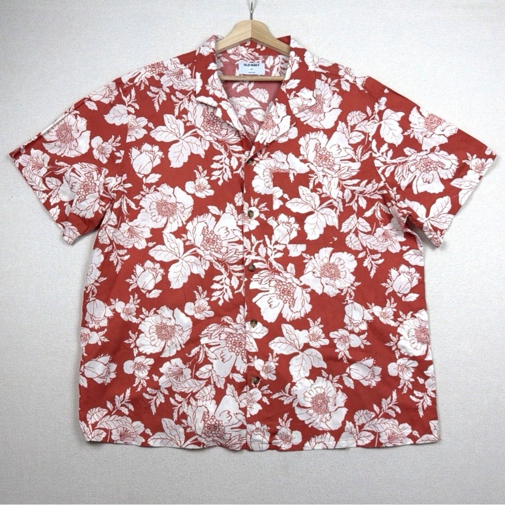 Old Navy Shirt Mens XXL Red Short Sleeve‎ Hawaiian Floral Button Up Casual Beach